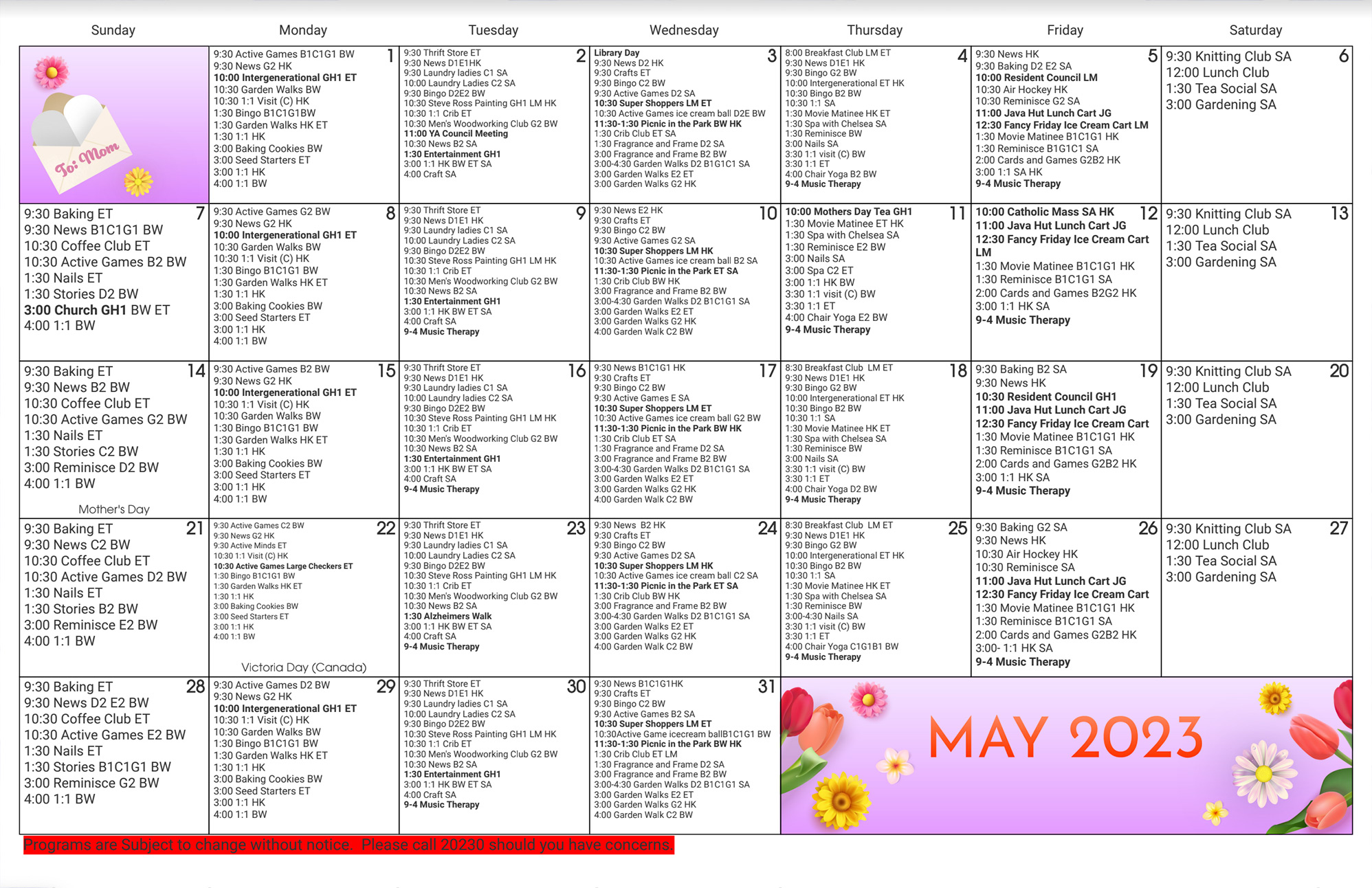 Senior living events calendar May 2023